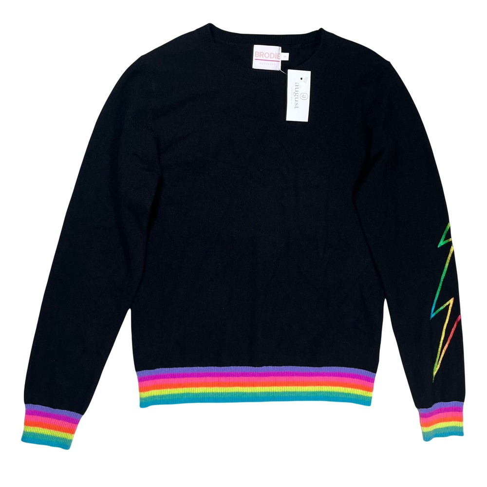 New Brodie Cashmere Sweater Women Small Black Rainbow Lightning Bolt Luxury NWT